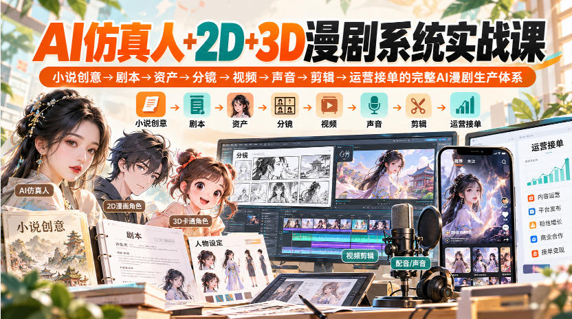 【无水印】AI仿真人+2D+3D漫剧系统实战课，小说创意→剧本→资产→分镜→视频→声音→剪辑→运营接单的完整AI漫剧生产体系-副业资源网