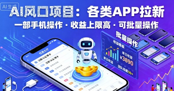 AI风口项目，各类APP拉新，一部手机就可以操作，收益上限高，可批量操作-副业资源网