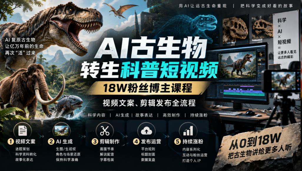 AI古生物转生科普短视频，18W粉丝博主课程，视频文案、剪辑发布全流程-副业资源网