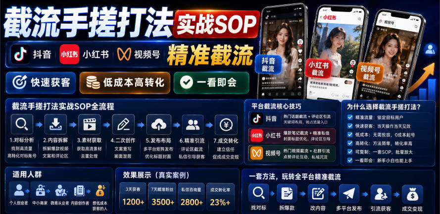 截流手搓打法实战SOP，抖音小红书视频号精准截流，快速获客，低成本高转化，一看即会-副业资源网