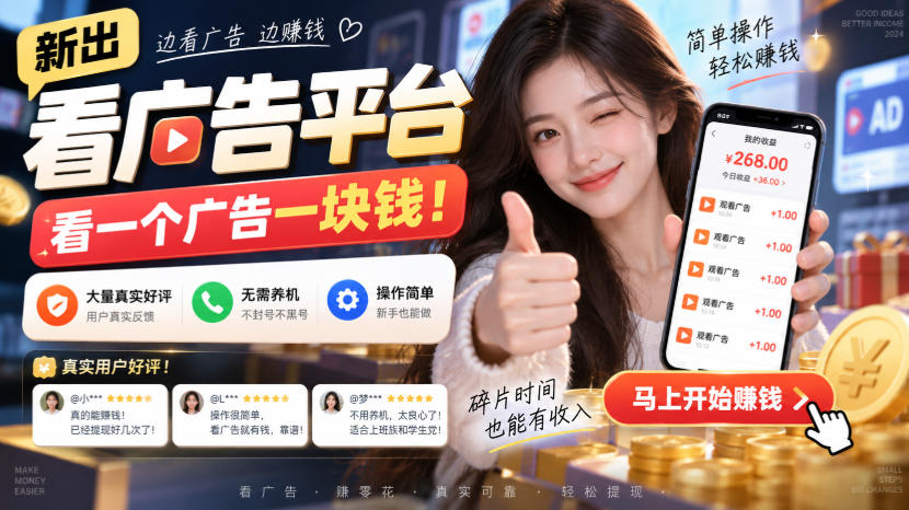 新出看广告平台,看一个广告一块钱,大量真实好评!无需养机、不会黑号,操作简单【揭秘】-副业资源网
