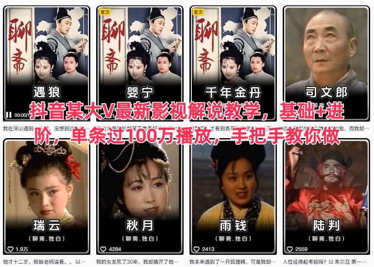 抖音某大V最新影视解说教学，基础+进阶，单条过100万播放，手把手教你做-副业资源网