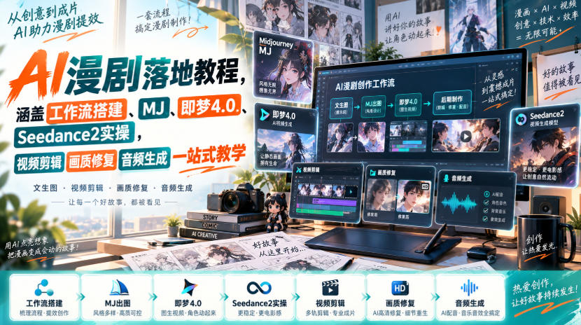 AI漫剧落地教程，涵盖工作流搭建、MJ、即梦4.0、Seedance2实操，视频剪辑画质修复音频生成一站式教学-副业资源网