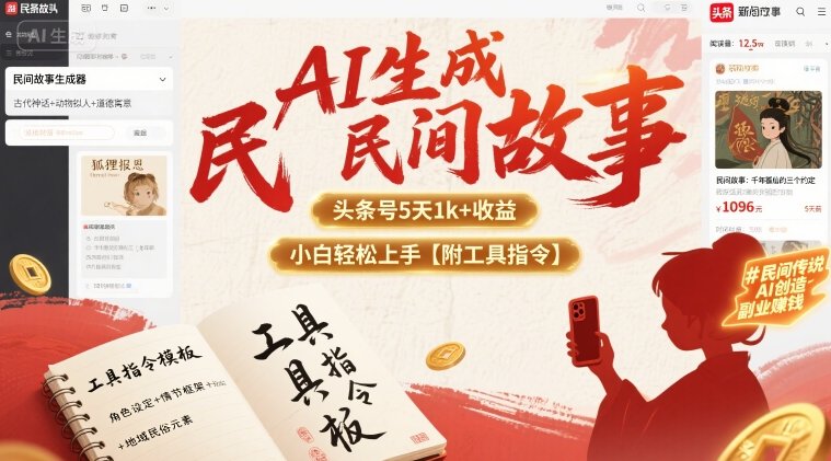 AI生成民间故事，头条号5天1k+，小白轻松上手【附工具指令】-副业资源网