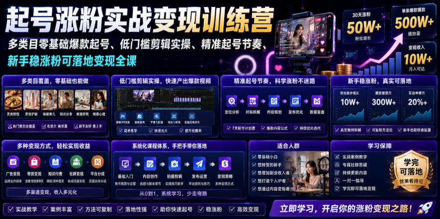 苗子起号涨粉实战变现训练营,多类目零基础爆款起号、精准起号节奏、新手稳涨粉可落地变现全课(更新0719)-副业资源网