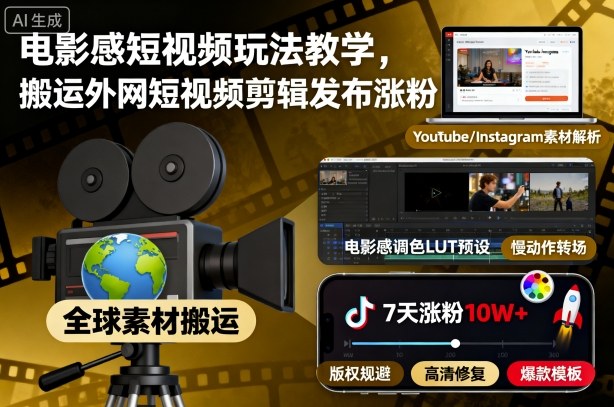 电影感短视频玩法教学，搬运外网短视频剪辑发布涨粉-副业资源网