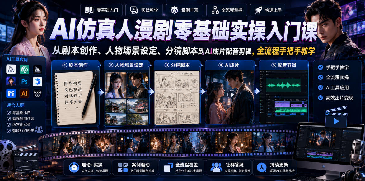 AI仿真人漫剧零基础实操入门课,从剧本创作、人物场景设定、分镜脚本到AI成片配音剪辑,全流程手把手教学-副业资源网