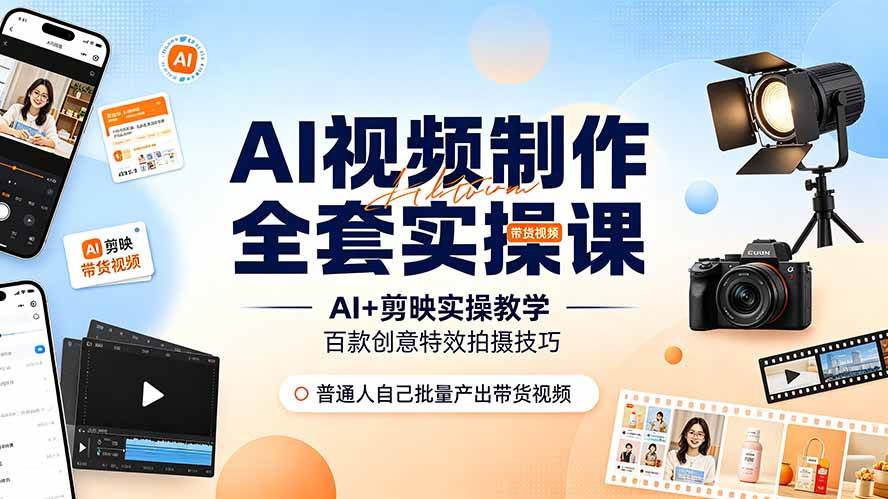 （19200期）AI视频制作全套实操课，多款AI工具搭配剪映教学，百种特效运镜拍摄实操，抖音账号带货运营全覆盖-副业资源网