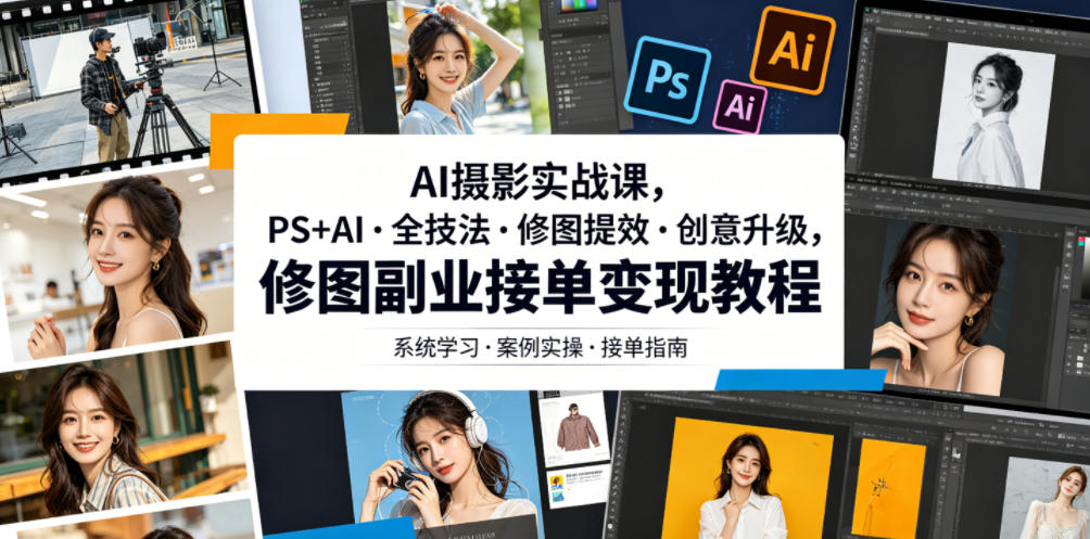AI摄影实战课,PS+AI・全技法・修图提效・创意升级,修图副业接单变现教程-副业资源网