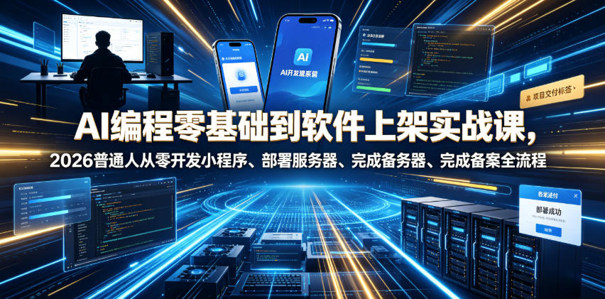 AI编程零基础到软件上架实战课，2026普通人从零开发小程序、部署服务器、完成备案全流程项目落地教程-副业资源网
