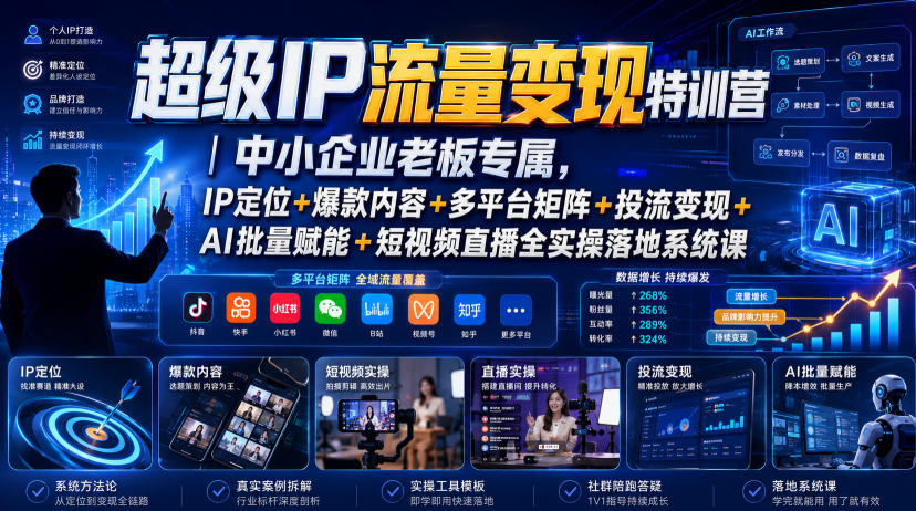 超级IP流量变现特训营｜中小企业老板专属，IP定位+爆款内容+多平台矩阵+投流变现+AI批量赋能+短视频直播全实操落地系统课-副业资源网