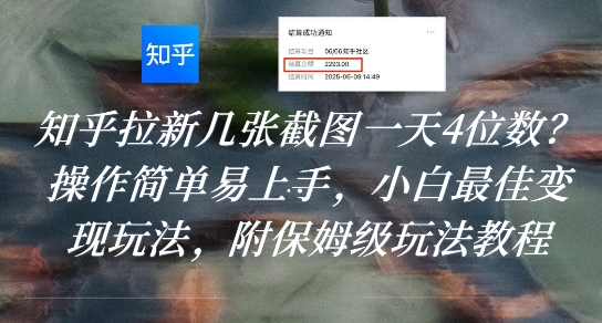 知乎拉新几张截图一天4位数？操作简单易上手，小白最佳变现玩法，附保姆级玩法教程-副业资源网