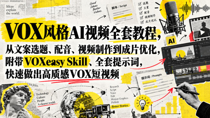 VOX风格AI视频全套教程，从文案选题、配音、视频制作到成片优化，附带VOXeasy Skill、全套提示词，快速做出高质感VOX短视频-副业资源网
