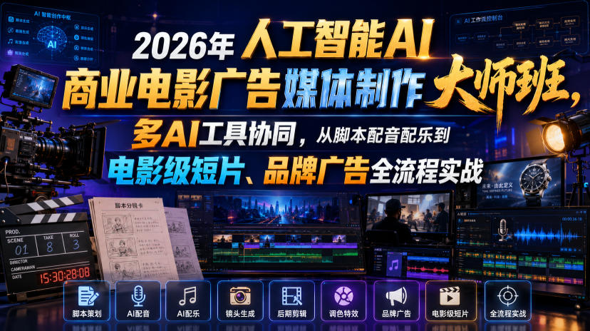 2026年人工智能AI商业电影广告媒体制作大师班，多AI工具协同，从脚本配音配乐到电影级短片、品牌广告全流程实战（中英字幕）-副业资源网