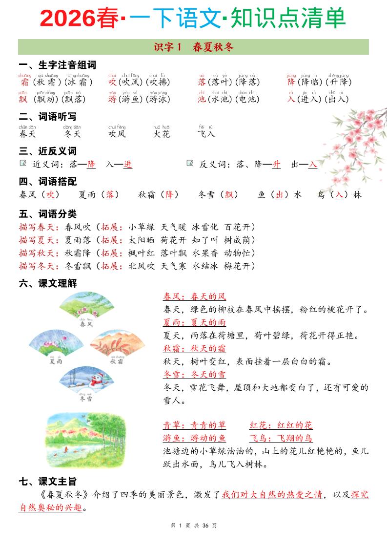 26春一年级下语文期末复习知识点清单-副业资源网