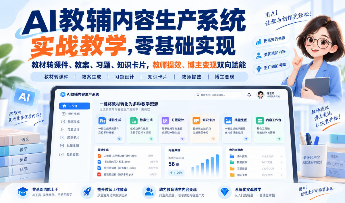【无水印】AI教辅内容生产系统实战教学，零基础实现教材转课件、教案、习题、知识卡片，教师提效、博主变现双向赋能（更新0926）-副业资源网