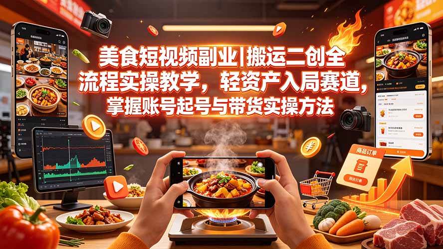 (19535期)美食短视频副业|搬运二创全流程实操教学,轻资产入局赛道,掌握账号起号与带货实操方法-副业资源网