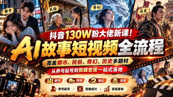 抖音130W粉大佬新课!AI故事短视频全流程,覆盖都市、民俗、奇幻、历史多题材,从养号起号到剪辑变现一站式落地-副业资源网