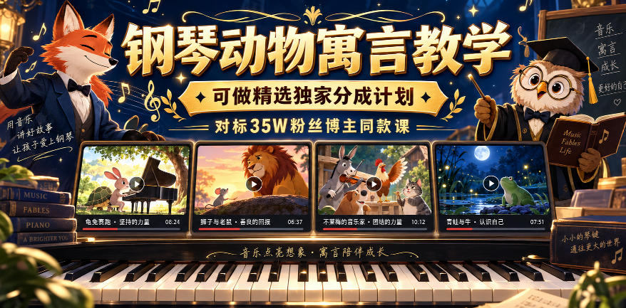 钢琴动物寓言教学，可做精选独家分成计划，对标35W粉丝博主同款课-副业资源网