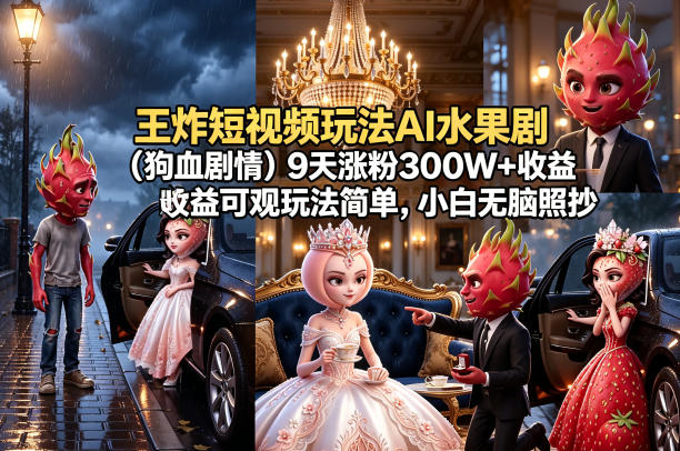 王炸短视频玩法AI水果剧（狗血剧情）9天涨粉300W+收益可观玩法简单，小白无脑照抄，详细拆解玩法-副业资源网