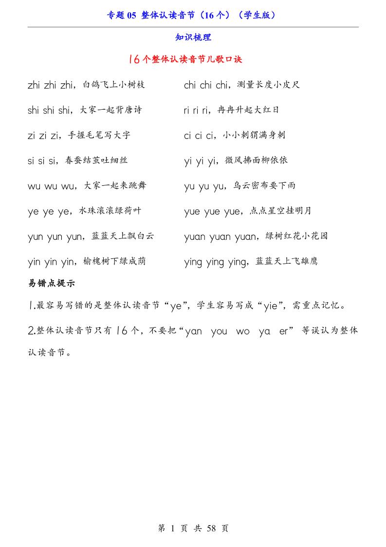 一上语文-专题05整体认读音节（16个）（知识+训练）-副业资源网