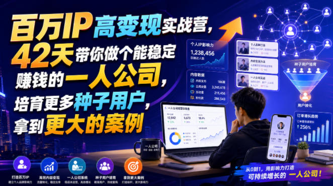 百万IP高变现实战营,42天带你做个能稳定賺钱的一人公司,培育更多种子用户,拿到更大的案例-副业资源网