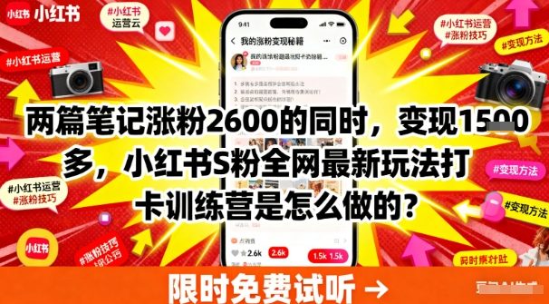 两篇笔记涨粉2600的同时，变现多张，小红书S粉全网最新玩法打卡训练营是怎么做的？-副业资源网