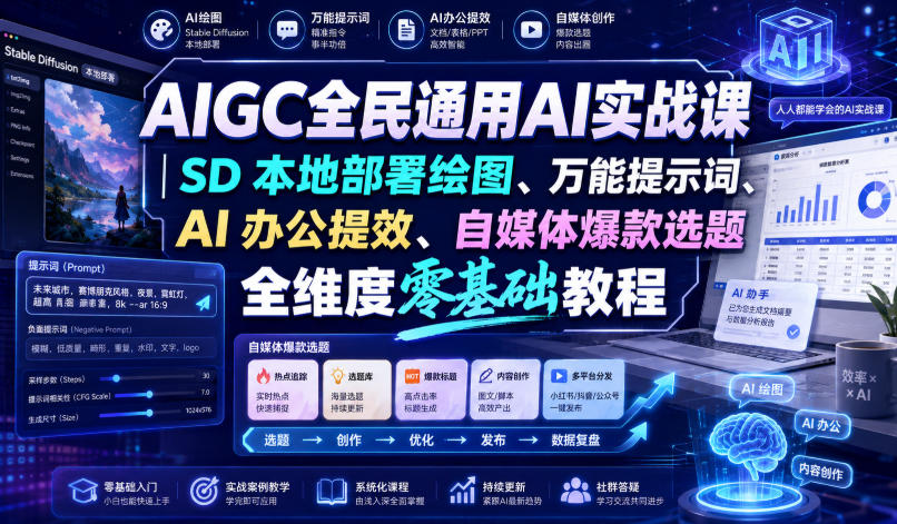 AIGC全民通用AI实战课|SD本地部署绘图、万能提示词、AI办公提效、自媒体爆款选题全维度零基础教程-副业资源网