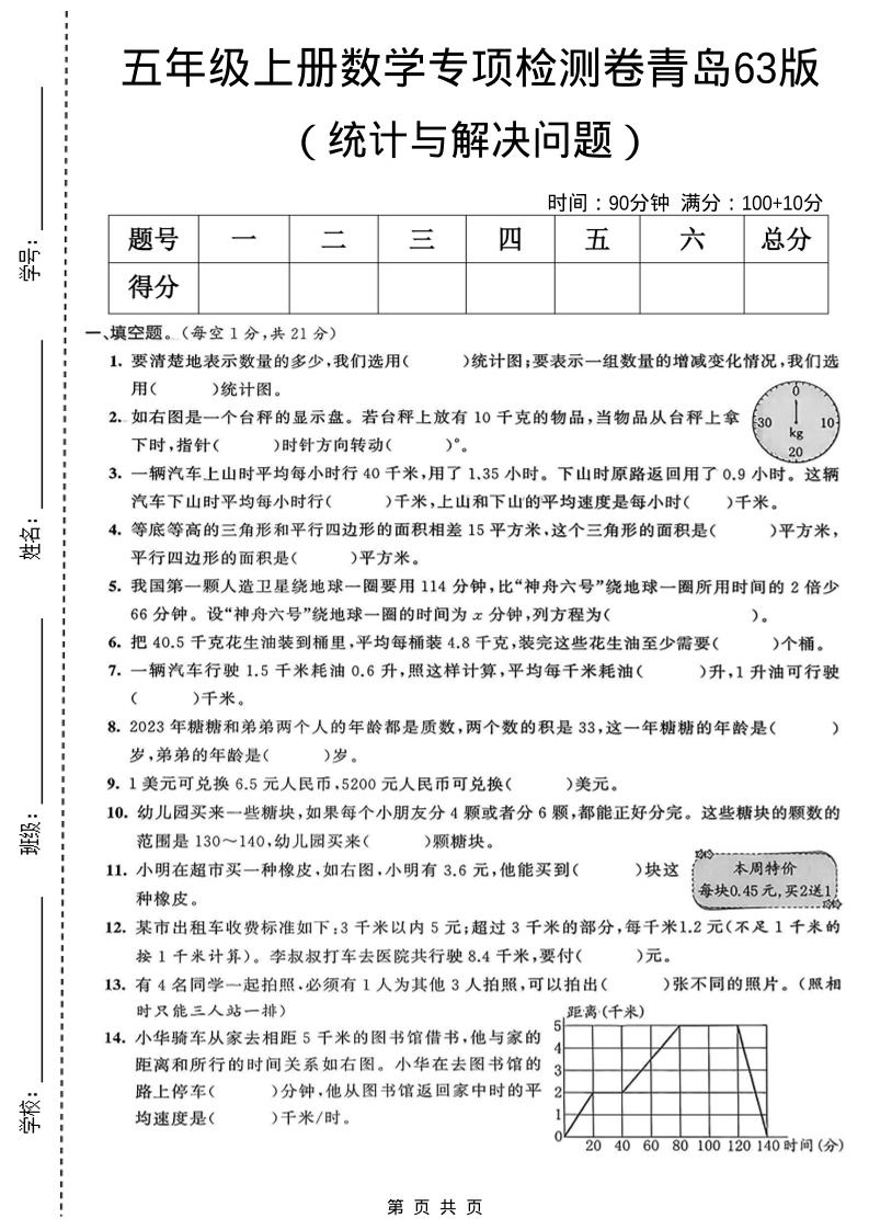 五年级上数学统计与解决问题专项检测卷《青岛63版》-副业资源网