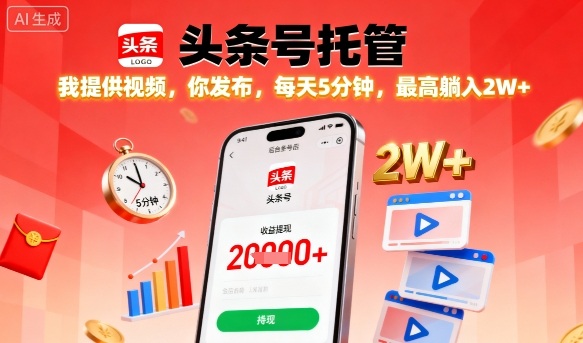 【头条号托管】我提供视频，你发布，每天5分钟，最高躺入2W+【揭秘】-副业资源网