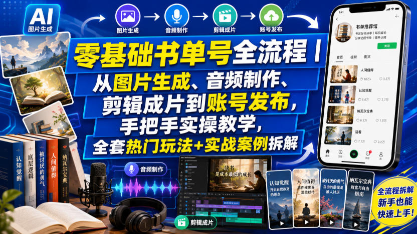 零基础书单号全流程|从图片生成、音频制作、剪辑成片到账号发布,手把手实操教学,全套热门玩法+实战案例拆解-副业资源网