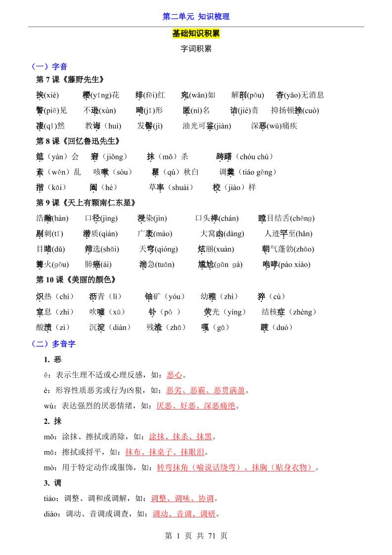 八年级上语文第2单元（知识梳理）-知识点-副业资源网