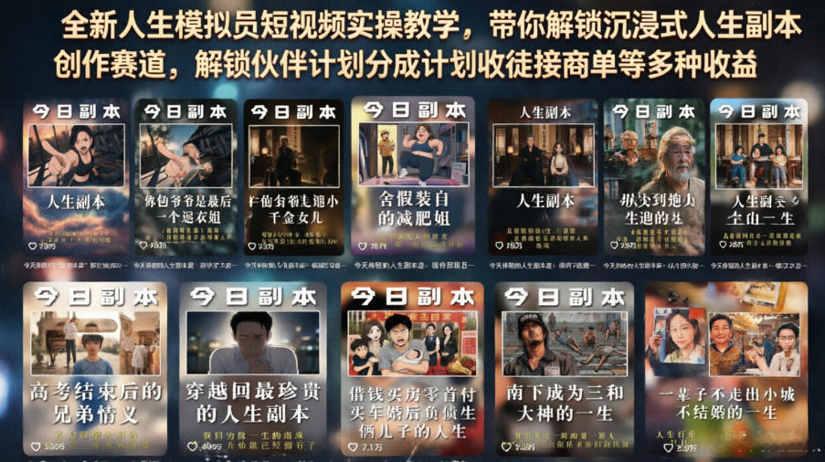 全新人生模拟员短视频实操教学，带你解锁沉浸式人生副本创作赛道，解锁伙伴计划分成计划收徒接商单等多种收益-副业资源网