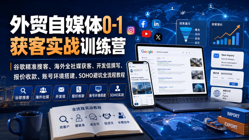 外贸自媒体0-1获客实战训练营|谷歌精准搜客、海外全社媒获客、开发信撰写、报价收款、账号环境搭建、SOHO避坑全流程教程-副业资源网