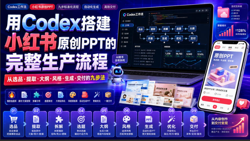 用Codex搭建小红书原创PPT的完整生产流程,从选品·提取·大纲·风格·生成·交付的九步法-副业资源网