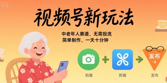 视频号新玩法，中老年人赛道，无需投流，简单制作，一天十分钟，月入1W-副业资源网