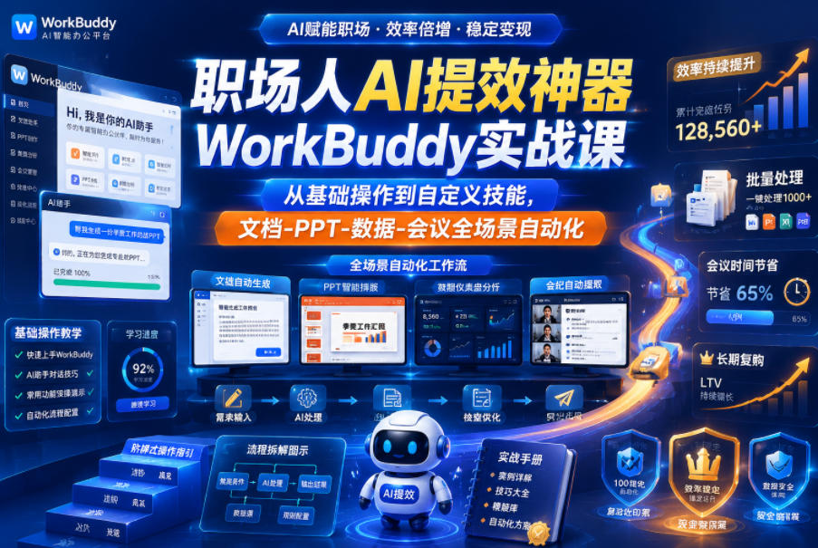 职场人AI提效神器WorkBuddy实战课，从基础操作到自定义技能，文档-PPT-数据-会议全场景自动化-副业资源网