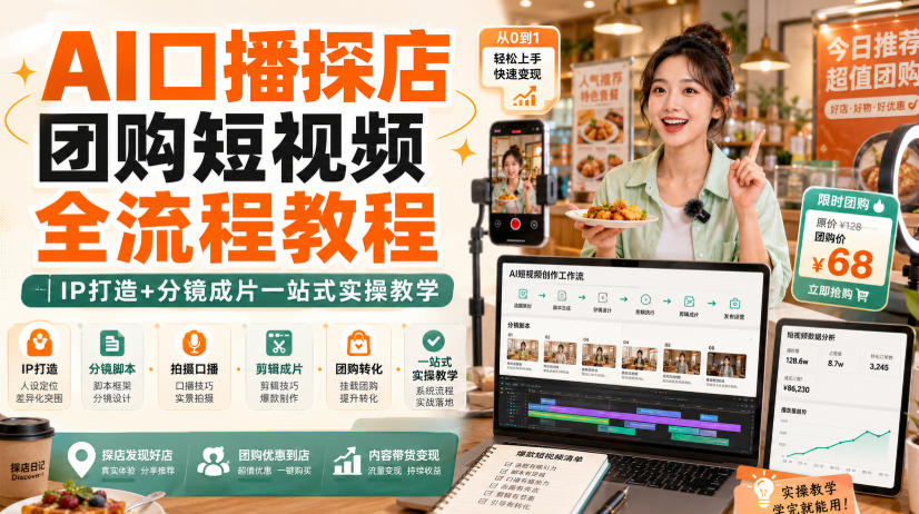 AI口播探店团购短视频全流程教程|IP打造+分镜成片一站式实操教学-副业资源网