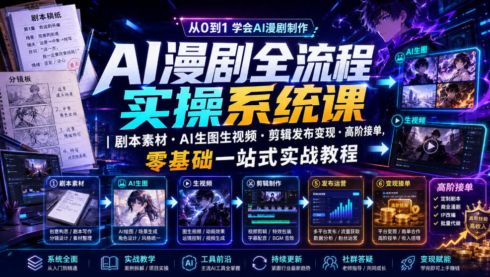 AI漫剧全流程实操系统课|剧本素材・AI生图生视频・剪辑发布变现・高阶接单,零基础一站式实战教程-副业资源网