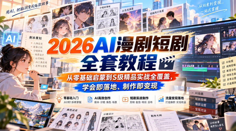 2026AI漫剧短剧全套教程，从零基础启蒙到S级精品实战全覆盖，学会即落地、制作即变现-副业资源网