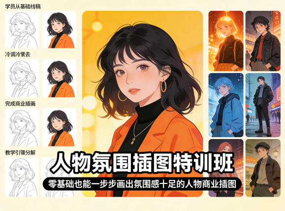 人物氛围插图特训班，零基础也能一步步画出氛围感十足的人物商业插图-副业资源网