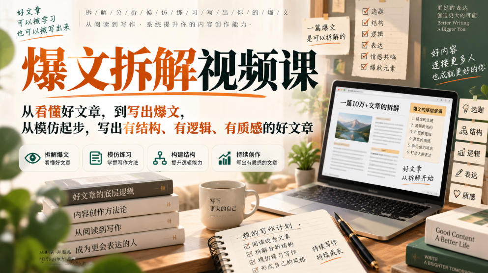 爆文拆解视频课，从看懂好文章，到写出爆文，从模仿起步，写出有结构、有逻辑、有质感的好文章-副业资源网