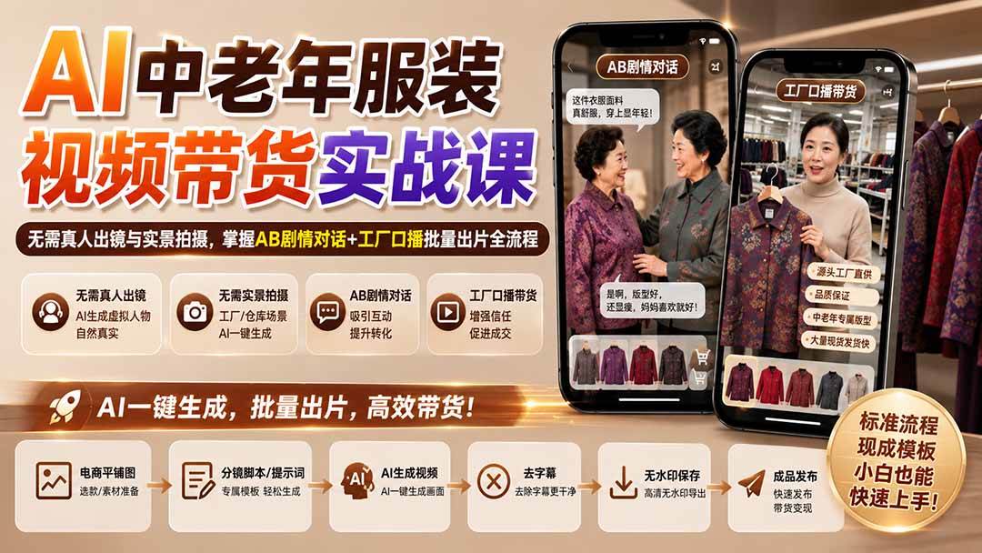 （20198期）AI中老年服装视频带货实战课：无需真人出镜与实景拍摄，掌握AB剧情对话+工厂口播批量出片全流程-副业资源网