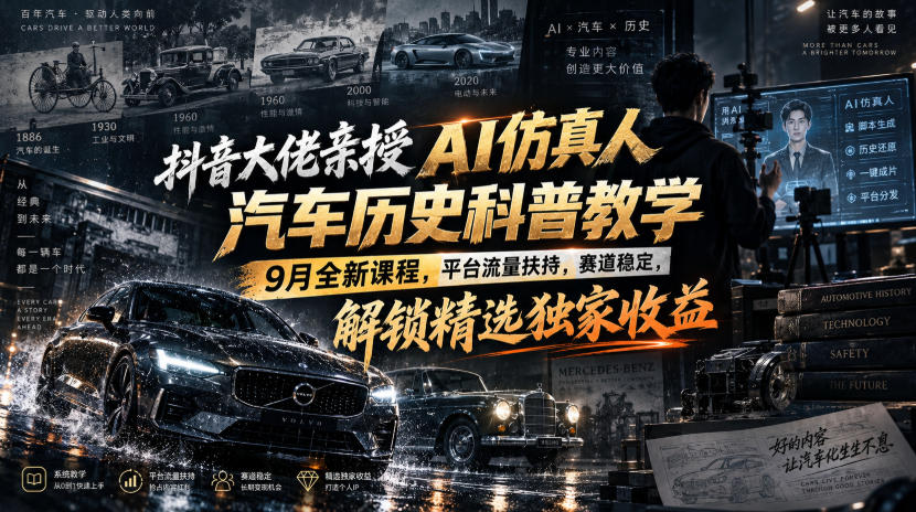 抖音大佬亲授AI仿真人汽车历史科普教学，9月全新课程，平台流量扶持，赛道稳定，解锁精选独家收益-副业资源网