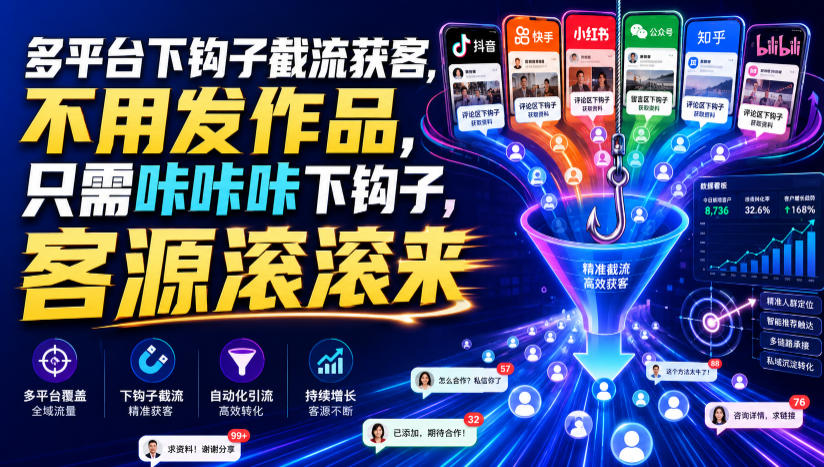 多平台下钩子截流获客，不用发作品，只需咔咔咔下钩子，客源滚滚来-副业资源网