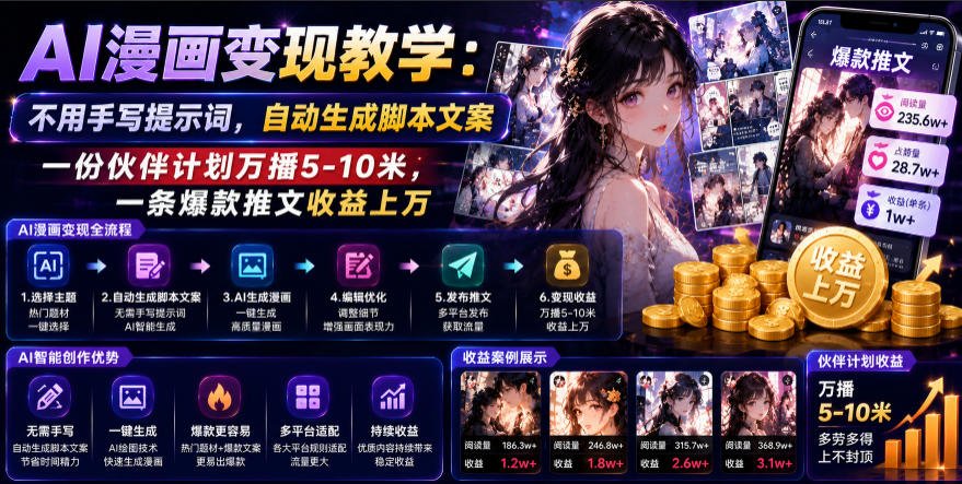 AI漫画变现教学：不用手写提示词，自动生成脚本文案，一份伙伴计划万播5-10米，一条爆款推文收益上W-副业资源网