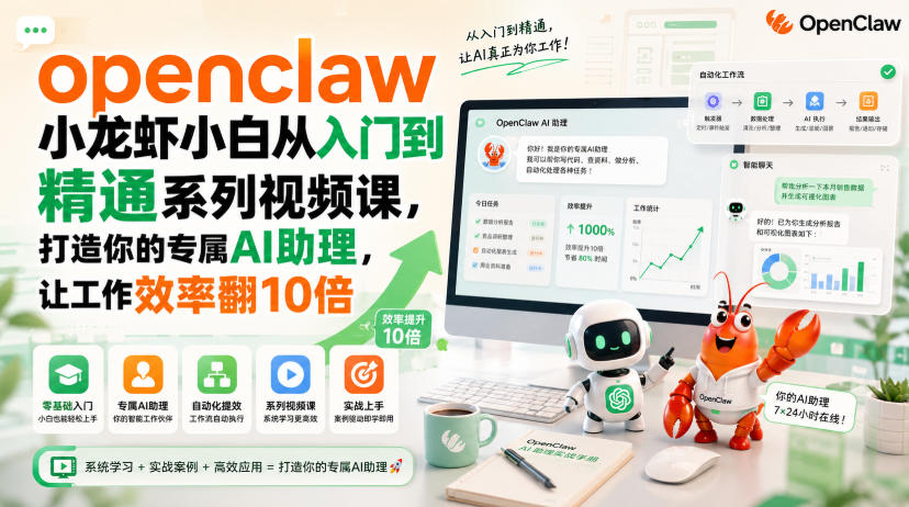 openclaw小龙虾小白从入门到精通系列视频课,打造你的专属AI助理,让工作效率翻10倍-副业资源网
