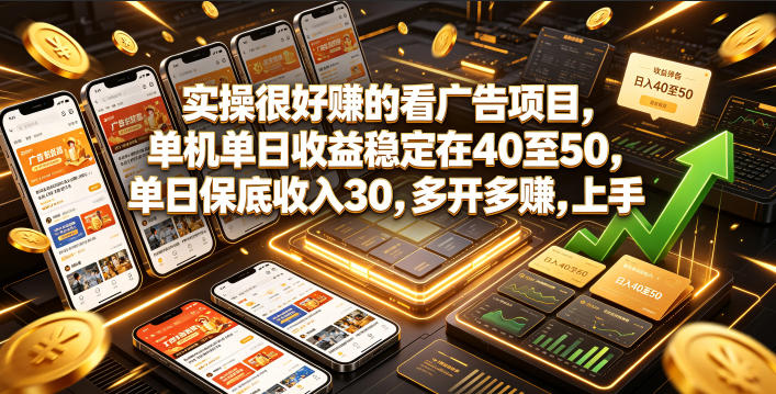 实操很好賺的看广告项目，单机单日收益稳定在40至50，单日保底收入30，多开多賺，上手就能变现【揭秘】-副业资源网