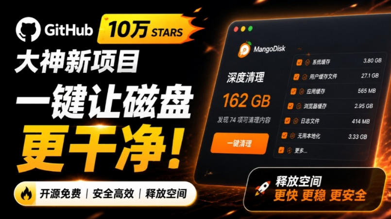在Gtihub上做出10万stars的大神,又发布新项目了!一键让磁盘更干净,开源免费清理工具MangoDisk-副业资源网