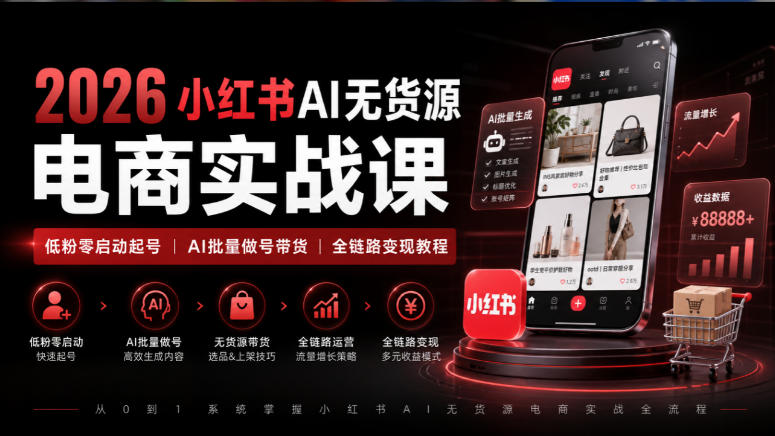 2026小红书AI无货源电商实战课｜低粉零启动起号｜AI批量做号带货全链路变现教程-副业资源网